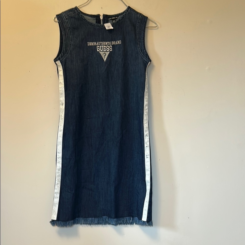Guess Blue Denim Dress sleeveless zip back white stripes fringe bottom size 14